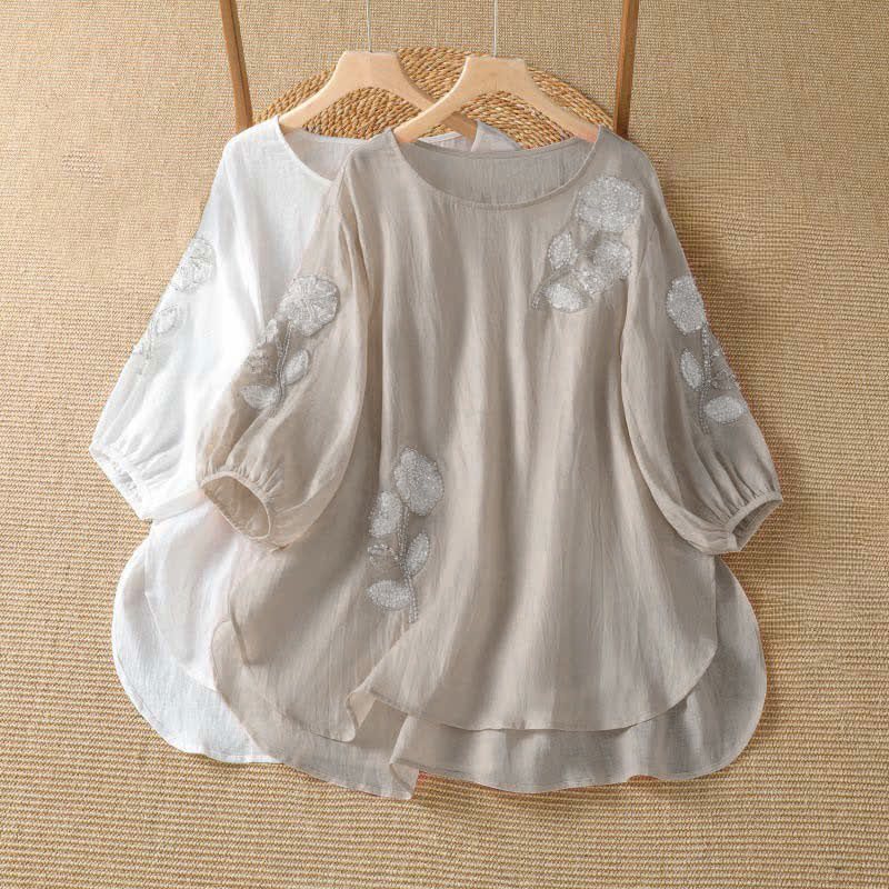 Buddha Stones Summer Casual Elegant Embroidery White Floral Crew Neck Women's Long Sleeve T-Shirt - image 8