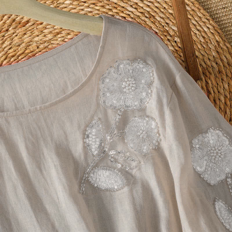 Buddha Stones Summer Casual Elegant Embroidery White Floral Crew Neck Women's Long Sleeve T-Shirt - image 2