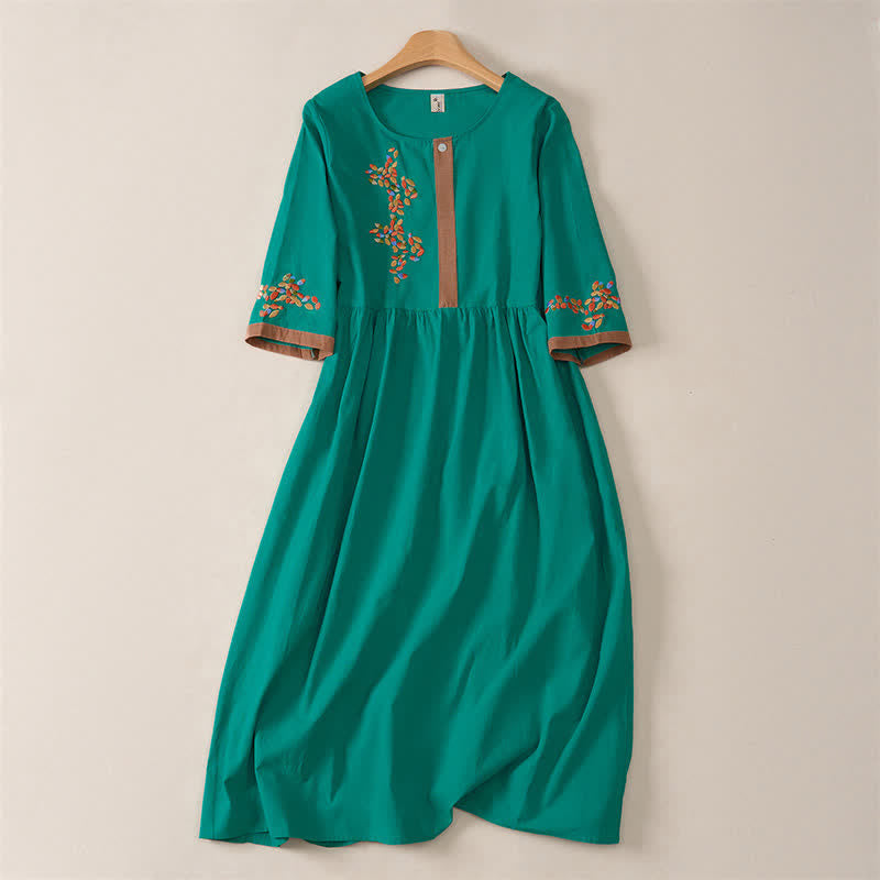 Buddha Stones Spring Ethnic Embroidery Half Sleeve Women's Midi Dress - Teal - US12,UK/AU16,EU44 (2XL) - image 13
