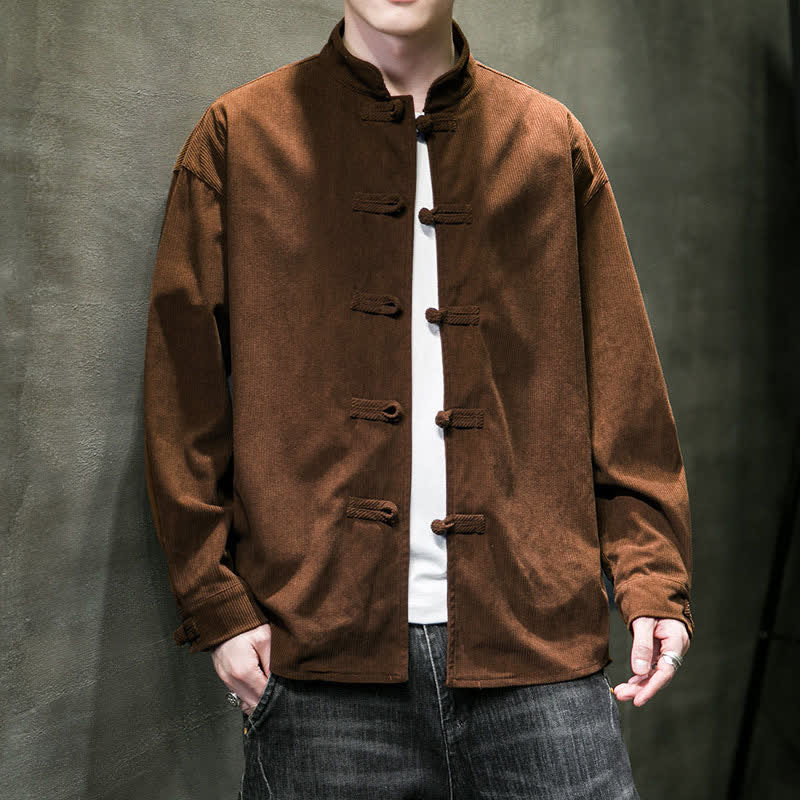 Buddha Stones Fall Winter Casual Tang Style Frog Button Solid Cotton Men's Jacket - Sienna - US/UK/AU46,EU56 (5XL) - image 0