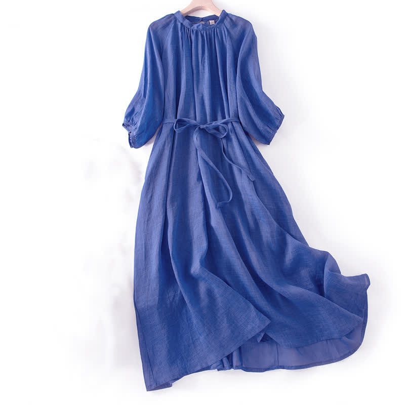 Buddha Stones Plain Drawstring Three Quarter Puff Sleeve Midi Dress With Pockets - Blue - US12,UK/AU16,EU44 (XL) - image 0