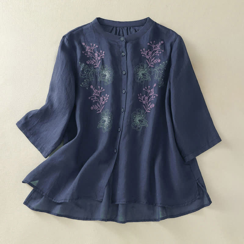 Buddha Stones Embroidery Pleated Design Stand Collar Three Quarter Sleeve Side Slit Hem Women's Shirt - MidnightBlue - US8-10,UK/AU12-14,EU40-42 (2XL) - image 0