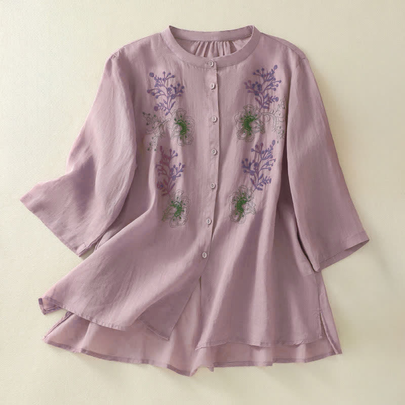 Buddha Stones Embroidery Pleated Design Stand Collar Three Quarter Sleeve Side Slit Hem Women's Shirt - Plum - US8-10,UK/AU12-14,EU40-42 (2XL) - image 7