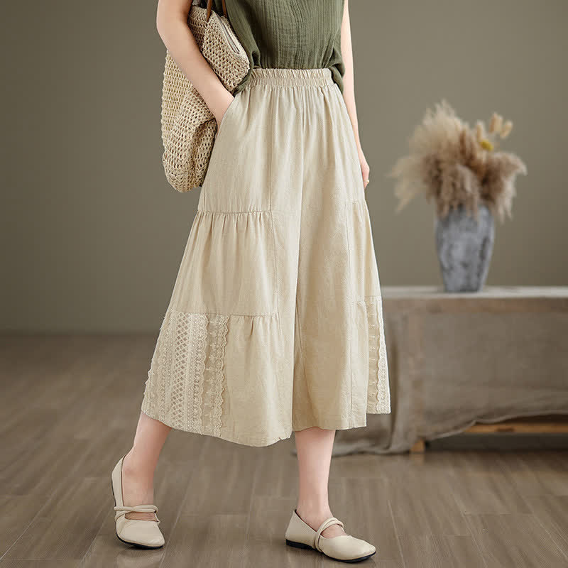 Buddha Stones Casual Plain Lace Splicing Cotton Women's Cropped Wide Leg Pants With Pockets - Beige - US8-10,UK/AU12-14,EU40-42 (2XL) - image 0