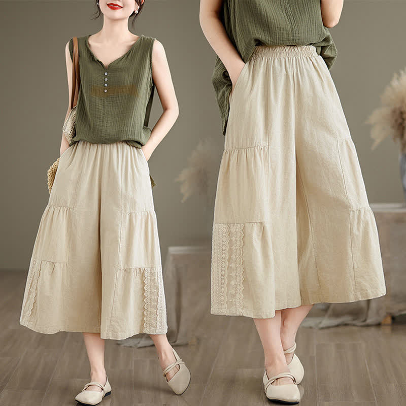 Buddha Stones Casual Plain Lace Splicing Cotton Women's Cropped Wide Leg Pants With Pockets - image 6