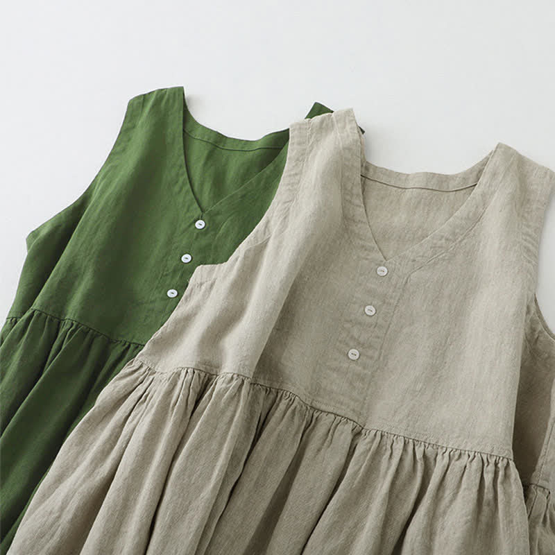 Buddha Stones Daily Casual Pure Color V-Neck Simple Buttons Design Sleeveless Midi Dress - image 17