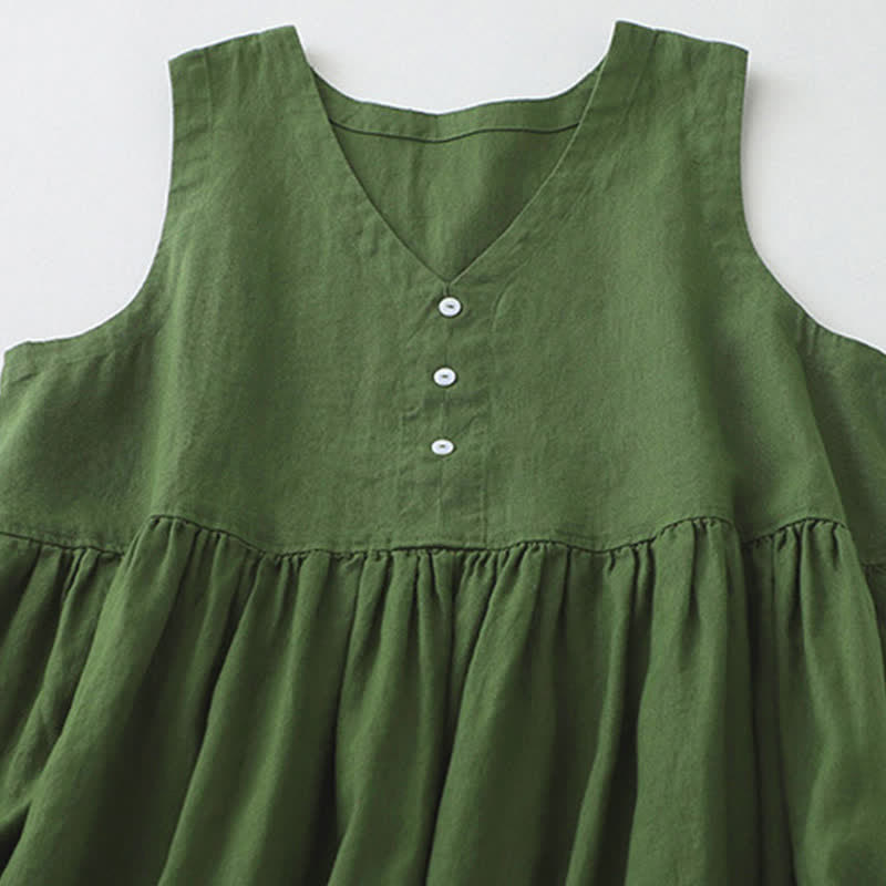 Buddha Stones Daily Casual Pure Color V-Neck Simple Buttons Design Sleeveless Midi Dress - image 11