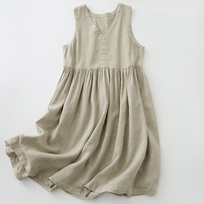 Buddha Stones Daily Casual Pure Color V-Neck Simple Buttons Design Sleeveless Midi Dress - Linen - US12,UK/AU16,EU44 (2XL) - image 0