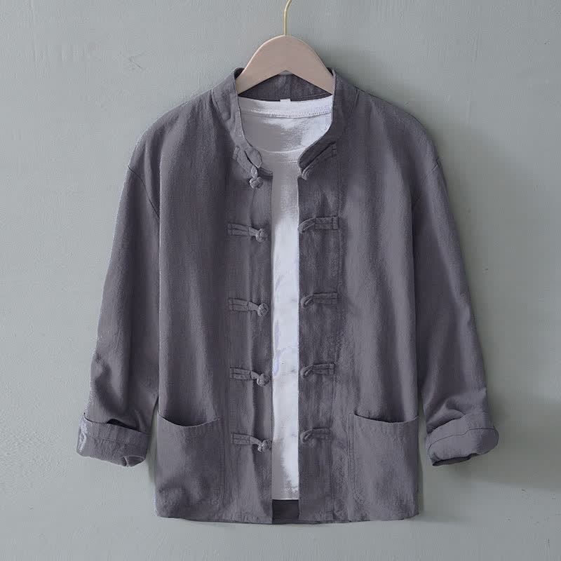 Buddha Stones Frog-Button Chinese Tang Suit Cotton Linen Men Shirt With Pockets - Gray - US/UK/AU50,EU60 (5XL) - image 0