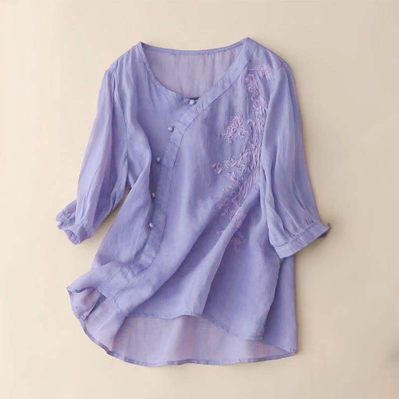 Buddha Stones Casual Loose Flower Embroidery Frog Button Short Sleeve Women's Shirt - MediumPurple - US14,UK/AU18,EU46 (4XL) - image 2