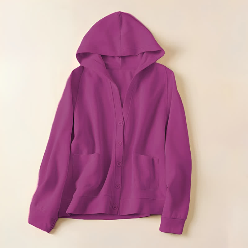 Buddha Stones Plain Buttons Women's Hooded Jacket With Pockets - MediumVioletRed - US8-10,UK/AU12-14,EU40-42 (2XL) - image 21