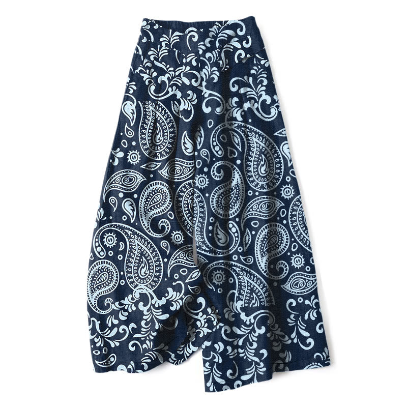 Buddha Stones Cotton Linen Vintage Paisley Pattern Women's Elastic Waist Wide Leg Pants With Pockets - Navy - US16,UK/AU20,EU48 (3XL) - image 6