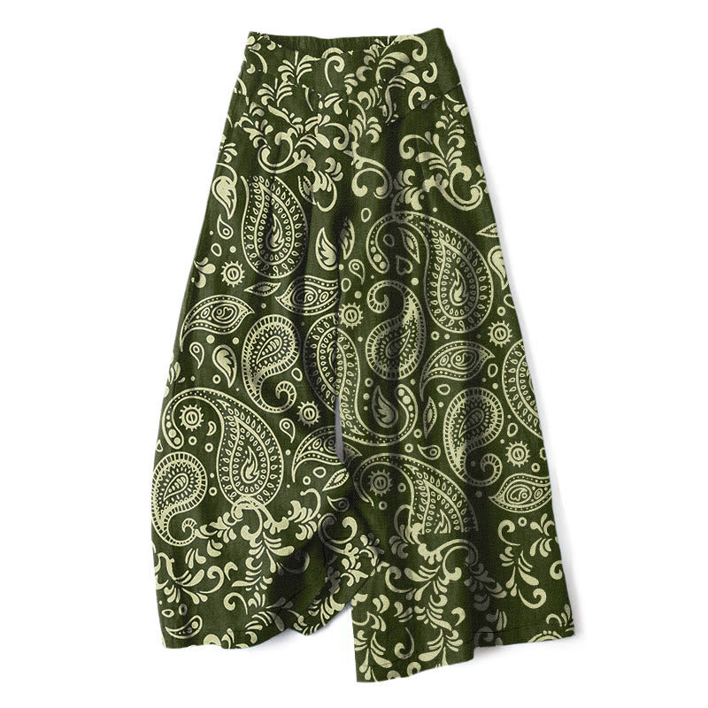 Buddha Stones Cotton Linen Vintage Paisley Pattern Women's Elastic Waist Wide Leg Pants With Pockets - OliveDrab - US16,UK/AU20,EU48 (3XL) - image 4