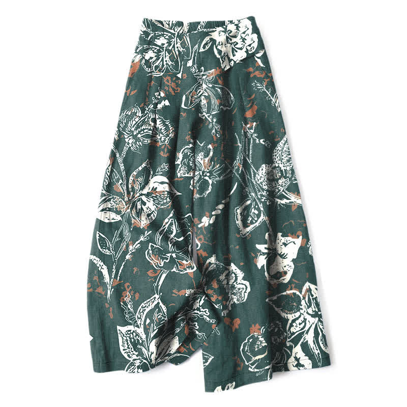 Buddha Stones Cotton Linen Vintage White Floral Pattern Women's Elastic Waist Wide Leg Pants With Pockets - Teal - US16,UK/AU20,EU48 (3XL) - image 0