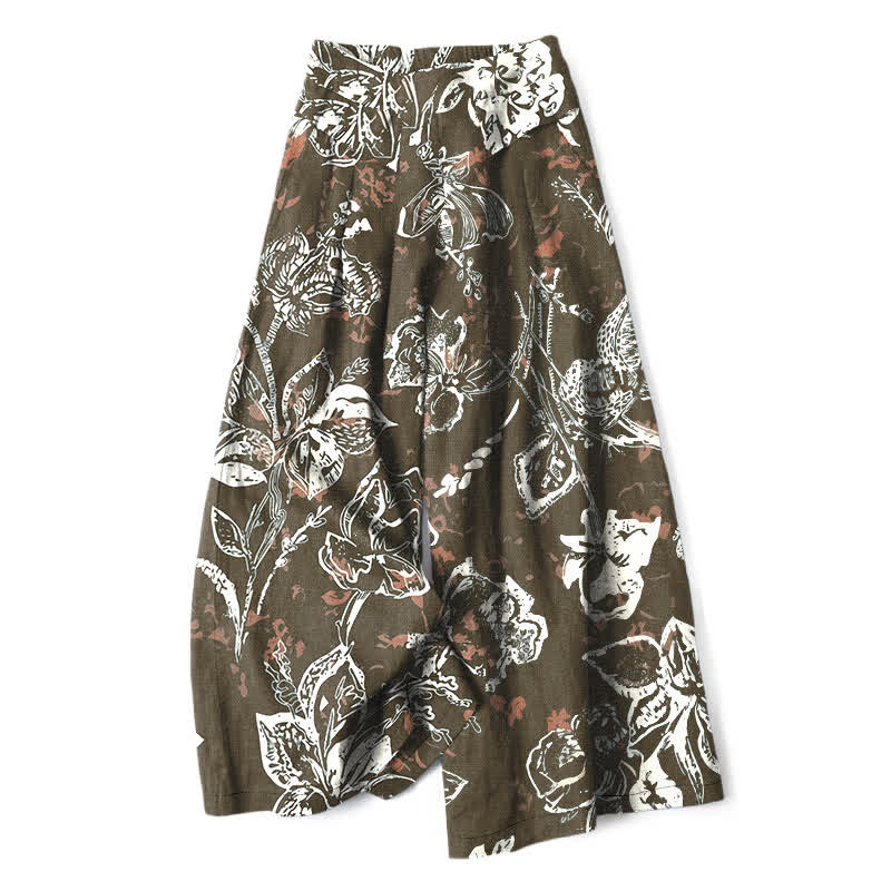 Buddha Stones Cotton Linen Vintage White Floral Pattern Women's Elastic Waist Wide Leg Pants With Pockets - Olive - US16,UK/AU20,EU48 (3XL) - image 4