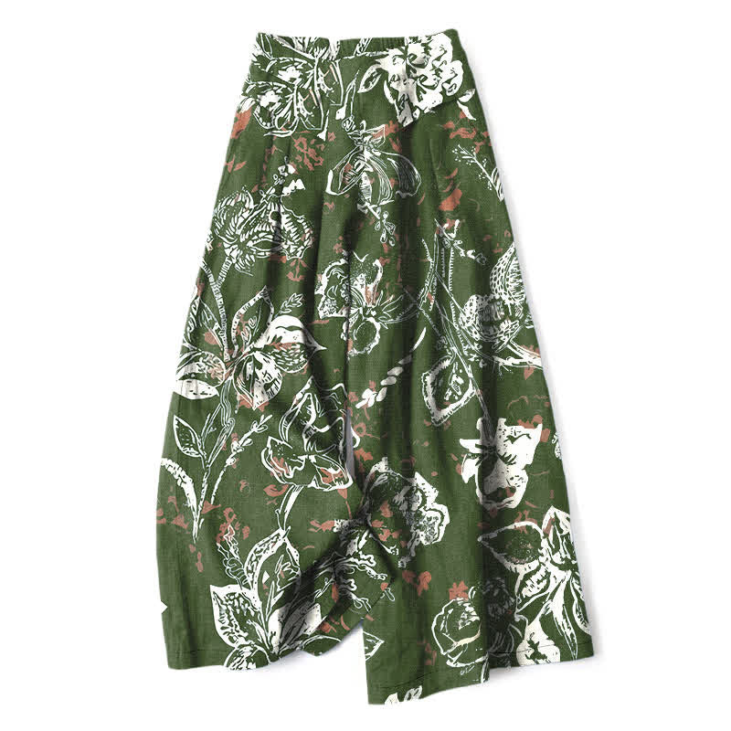 Buddha Stones Cotton Linen Vintage White Floral Pattern Women's Elastic Waist Wide Leg Pants With Pockets - OliveDrab - US16,UK/AU20,EU48 (3XL) - image 6