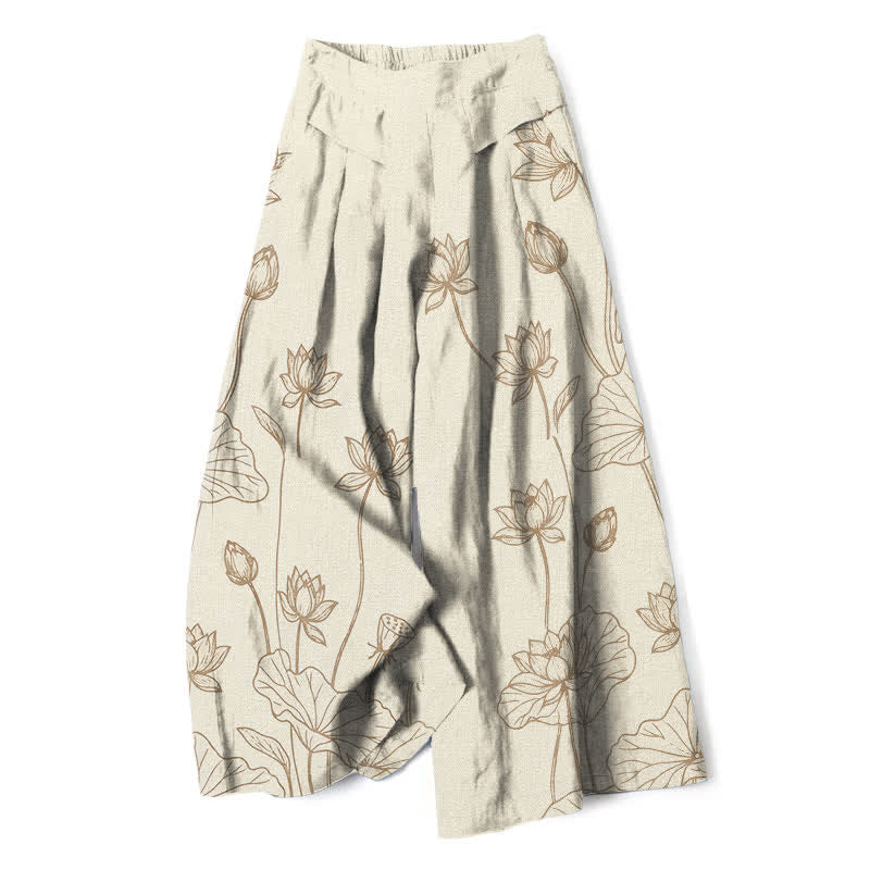 Buddha Stones Cotton Linen Vintage Lotus Line Art Pattern Women's Elastic Waist Wide Leg Pants With Pockets - Beige - US16,UK/AU20,EU48 (3XL) - image 0