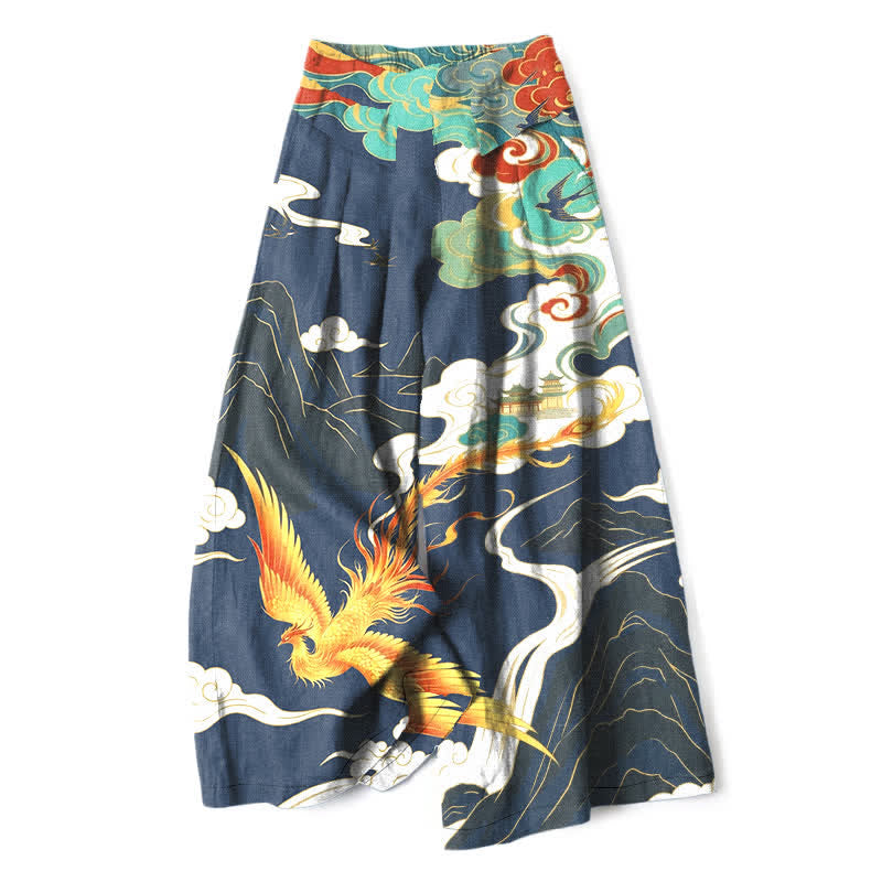 Buddha Stones Cotton Linen Phoenix Cloud Pattern Women's Elastic Waist Wide Leg Pants With Pockets - Navy - US16,UK/AU20,EU48 (3XL) - image 0