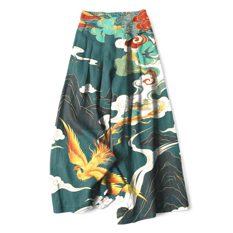 Buddha Stones Cotton Linen Phoenix Cloud Pattern Women's Elastic Waist Wide Leg Pants With Pockets - Teal - US16,UK/AU20,EU48 (3XL) - image 4