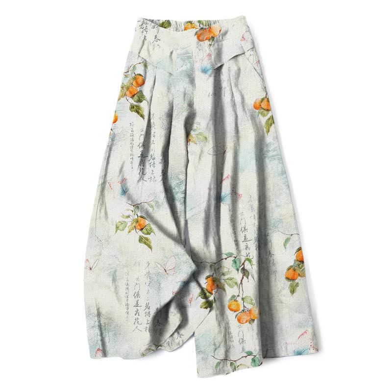 Buddha Stones Cotton Linen Vintage Citrus Garden Butterfly Pattern Women's Elastic Waist Wide Leg Pants With Pockets - Azure - US16,UK/AU20,EU48 (3XL) - image 0