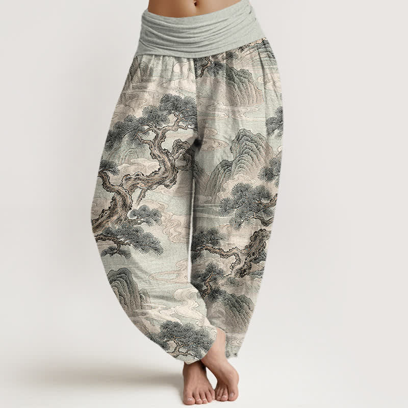 Buddha Stones Cotton Ink Wash Landscape Pattern Women's Elastic Waist Harem Pants - LightGrey - US16,UK/AU20,EU48 (3XL) - image 0