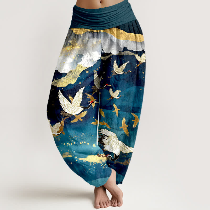 Buddha Stones Cotton Flying Crane Golden Cloud Pattern Women's Elastic Waist Harem Pants - Teal - US16,UK/AU20,EU48 (3XL) - image 0