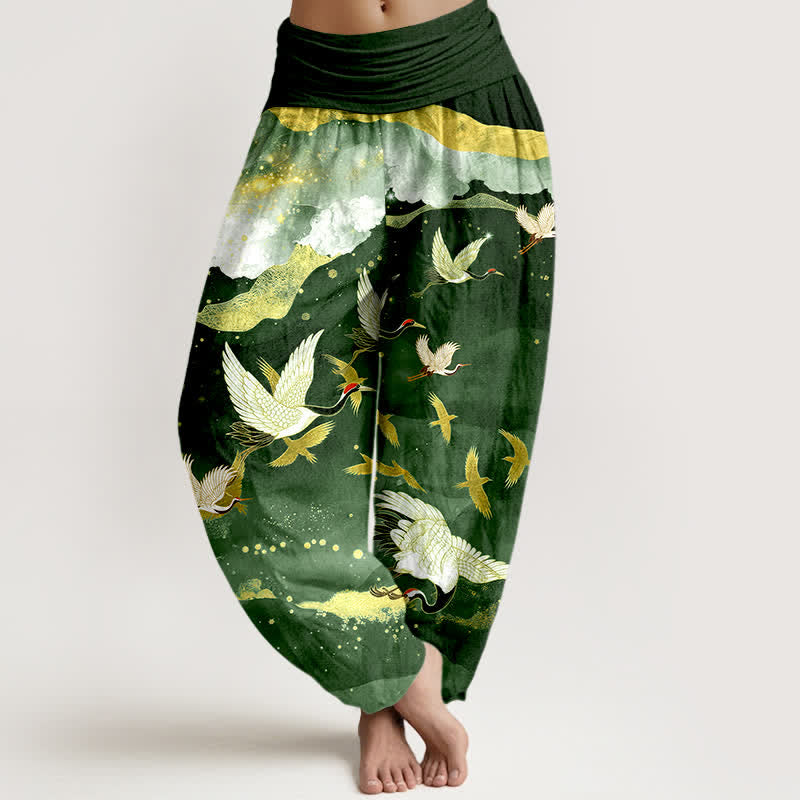 Buddha Stones Cotton Flying Crane Golden Cloud Pattern Women's Elastic Waist Harem Pants - DarkGreen - US16,UK/AU20,EU48 (3XL) - image 5