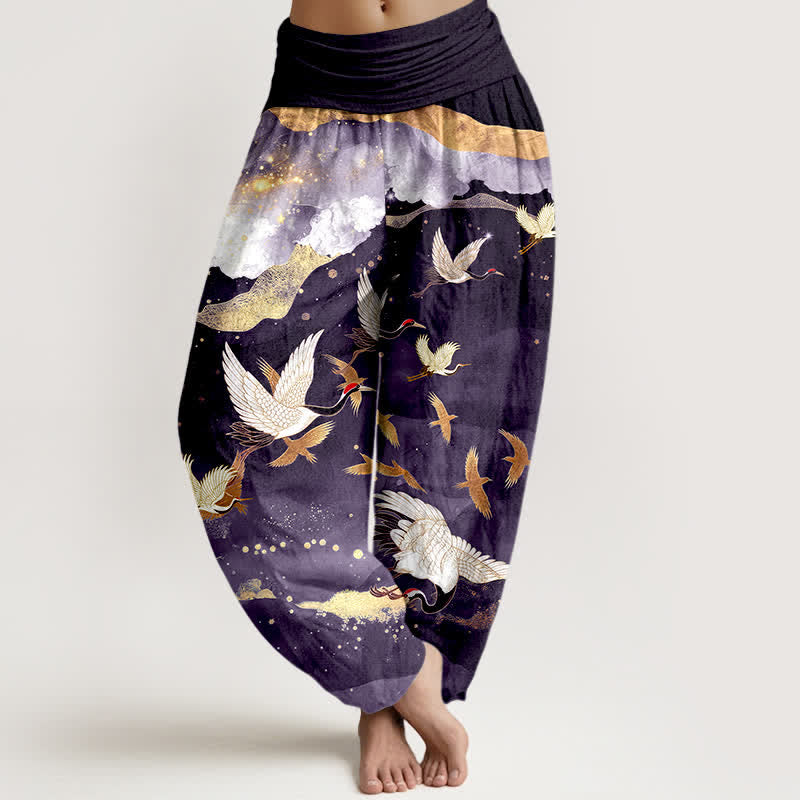 Buddha Stones Cotton Flying Crane Golden Cloud Pattern Women's Elastic Waist Harem Pants - Indigo - US16,UK/AU20,EU48 (3XL) - image 8