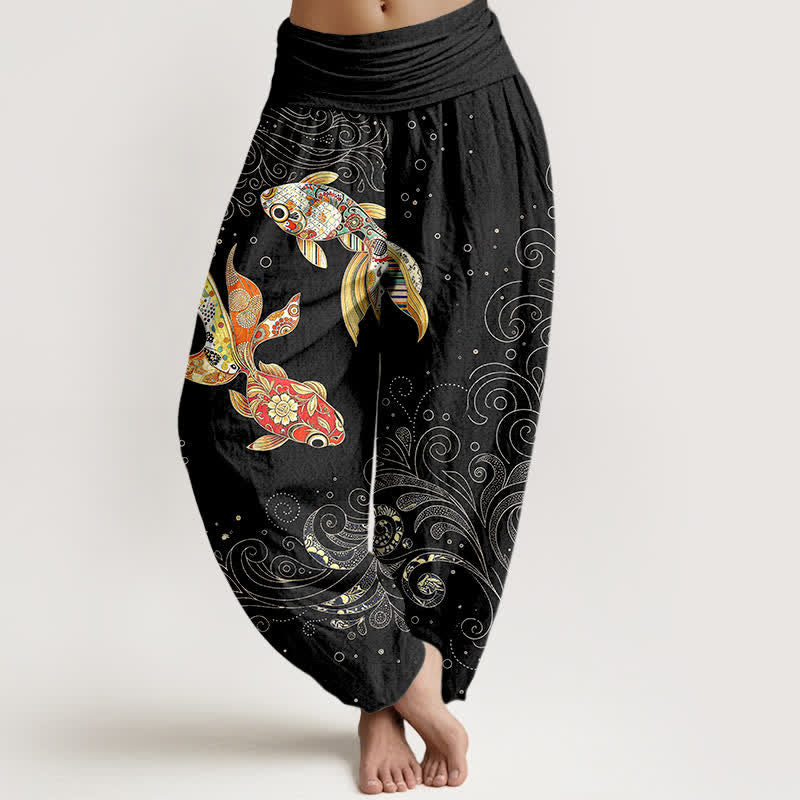 Buddha Stones Cotton Koi Fish Swirl Pattern Women's Elastic Waist Harem Pants - Black - US16,UK/AU20,EU48 (3XL) - image 0