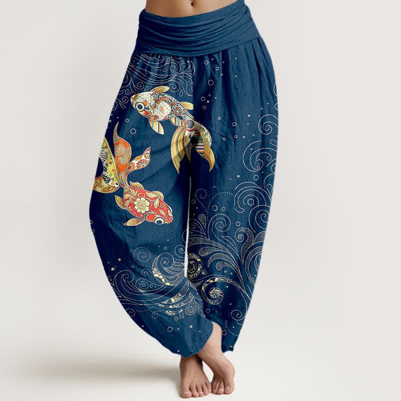 Buddha Stones Cotton Koi Fish Swirl Pattern Women's Elastic Waist Harem Pants - Navy - US16,UK/AU20,EU48 (3XL) - image 5