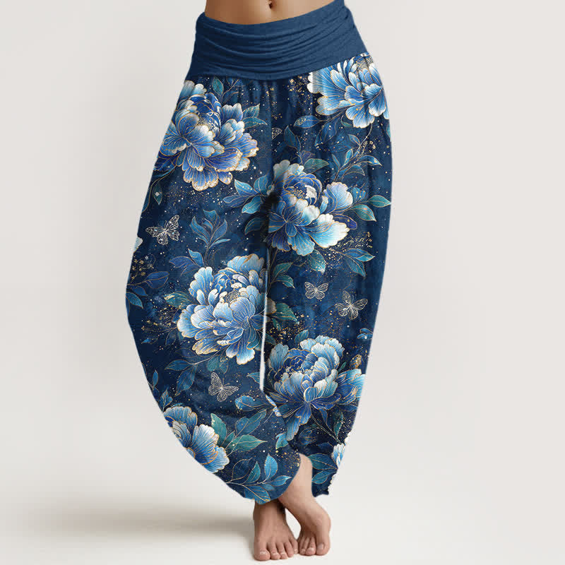 Buddha Stones Cotton Peony Butterfly Pattern Women's Elastic Waist Harem Pants - Navy - US16,UK/AU20,EU48 (3XL) - image 0