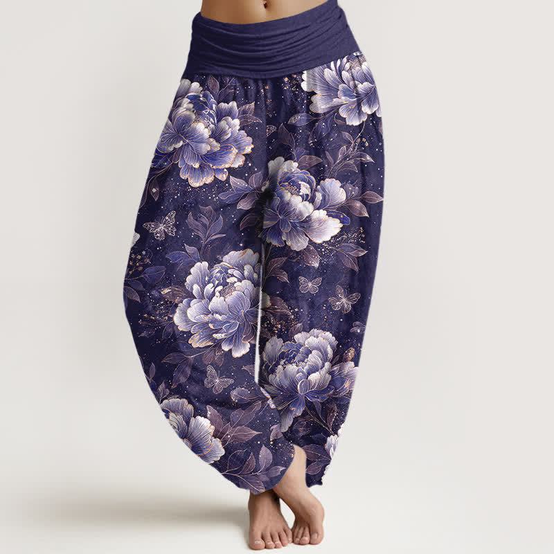 Buddha Stones Cotton Peony Butterfly Pattern Women's Elastic Waist Harem Pants - Indigo - US16,UK/AU20,EU48 (3XL) - image 5