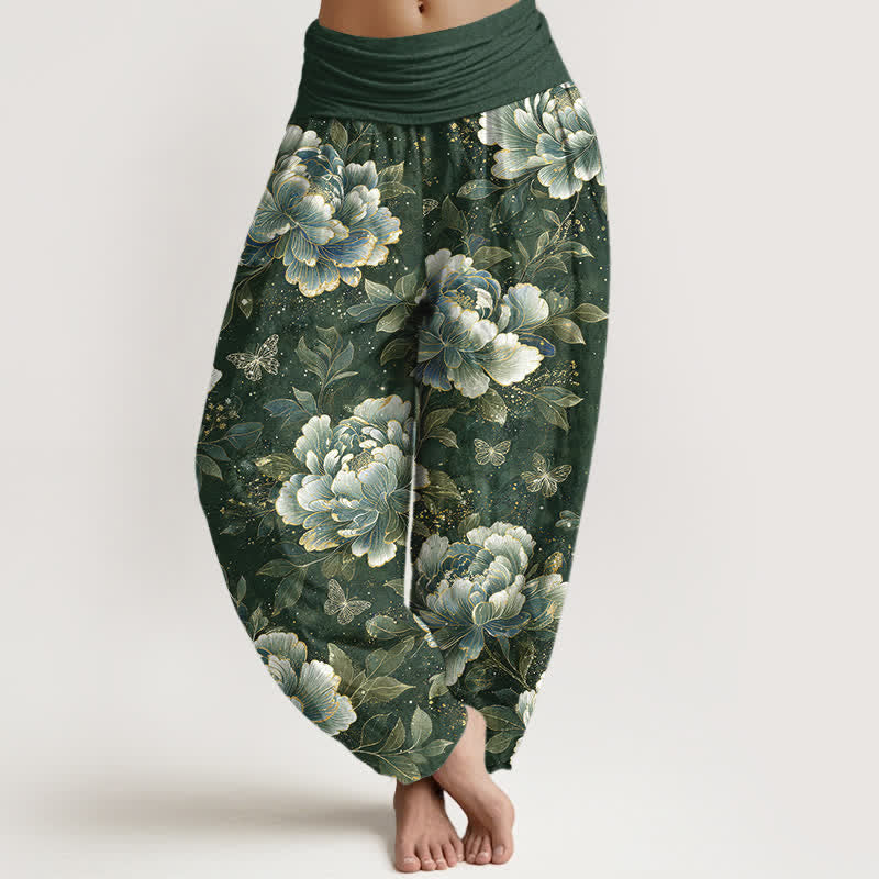 Buddha Stones Cotton Peony Butterfly Pattern Women's Elastic Waist Harem Pants - SeaGreen - US16,UK/AU20,EU48 (3XL) - image 8