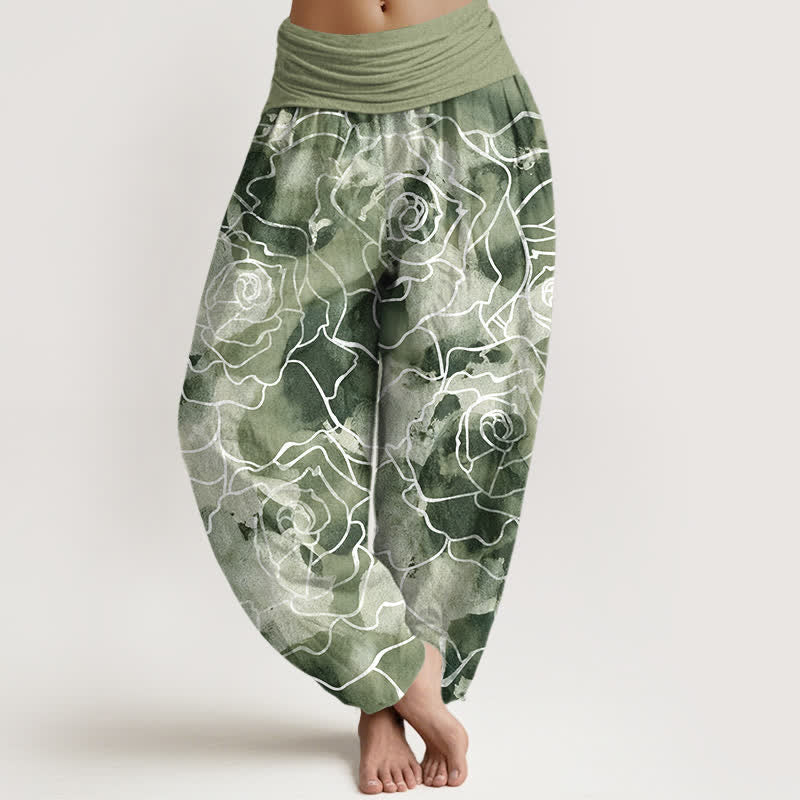 Buddha Stones Cotton White Outline Rose Pattern Women's Elastic Waist Harem Pants - DarkSeaGreen - US16,UK/AU20,EU48 (3XL) - image 0