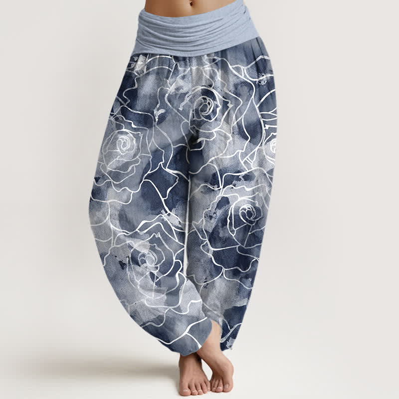 Buddha Stones Cotton White Outline Rose Pattern Women's Elastic Waist Harem Pants - LightBlue - US16,UK/AU20,EU48 (3XL) - image 5