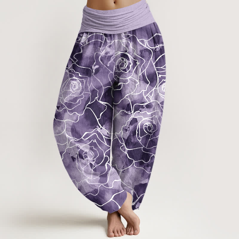 Buddha Stones Cotton White Outline Rose Pattern Women's Elastic Waist Harem Pants - MediumPurple - US16,UK/AU20,EU48 (3XL) - image 8