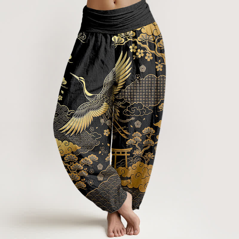 Buddha Stones Cotton Golden Crane Cloud Pattern Women's Elastic Waist Harem Pants - Black - US16,UK/AU20,EU48 (3XL) - image 0
