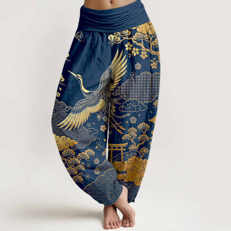 Buddha Stones Cotton Golden Crane Cloud Pattern Women's Elastic Waist Harem Pants - Navy - US16,UK/AU20,EU48 (3XL) - image 5