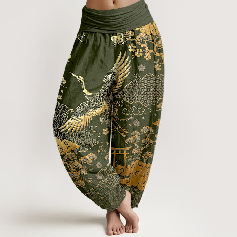 Buddha Stones Cotton Golden Crane Cloud Pattern Women's Elastic Waist Harem Pants - DarkOliveGreen - US16,UK/AU20,EU48 (3XL) - image 8