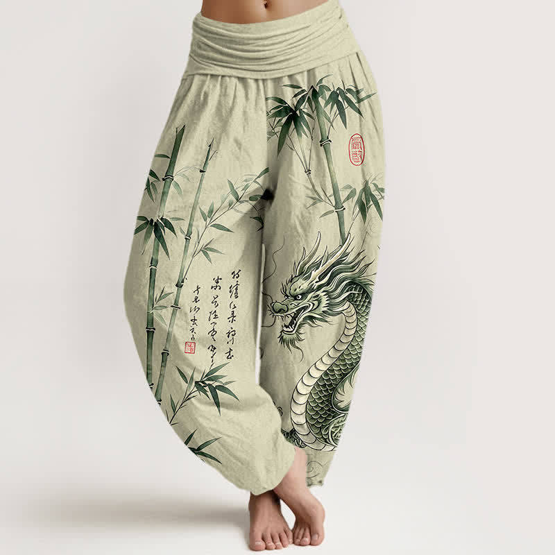 Buddha Stones Cotton Dragon Bamboo Pattern Women's Elastic Waist Harem Pants - Beige - US16,UK/AU20,EU48 (3XL) - image 0
