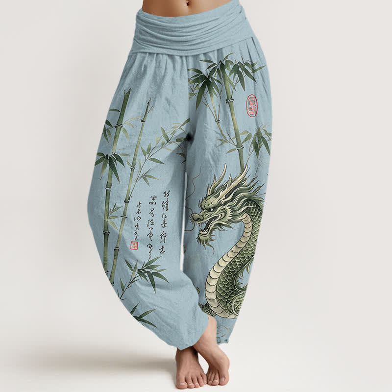 Buddha Stones Cotton Dragon Bamboo Pattern Women's Elastic Waist Harem Pants - LightBlue - US16,UK/AU20,EU48 (3XL) - image 5