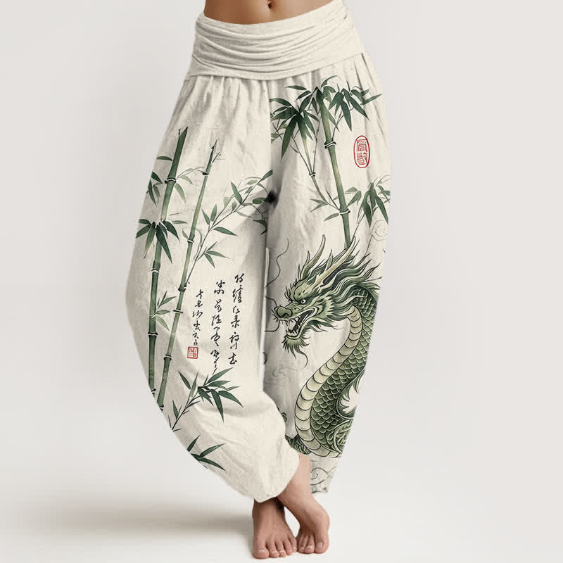 Buddha Stones Cotton Dragon Bamboo Pattern Women's Elastic Waist Harem Pants - Ivory - US16,UK/AU20,EU48 (3XL) - image 8