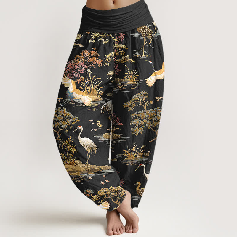 Buddha Stones Cotton Crane Reed Floral Pattern Women's Elastic Waist Harem Pants - Black - US16,UK/AU20,EU48 (3XL) - image 0