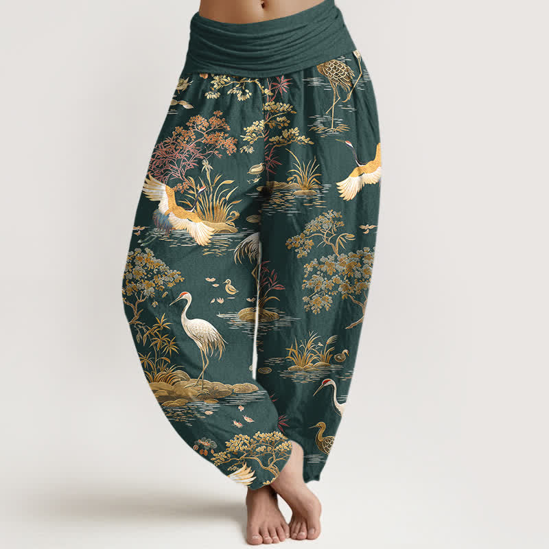 Buddha Stones Cotton Crane Reed Floral Pattern Women's Elastic Waist Harem Pants - DarkCyan - US16,UK/AU20,EU48 (3XL) - image 5