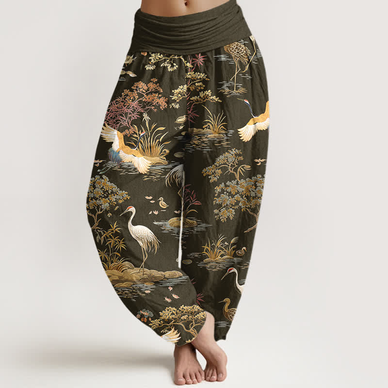 Buddha Stones Cotton Crane Reed Floral Pattern Women's Elastic Waist Harem Pants - Olive - US16,UK/AU20,EU48 (3XL) - image 8