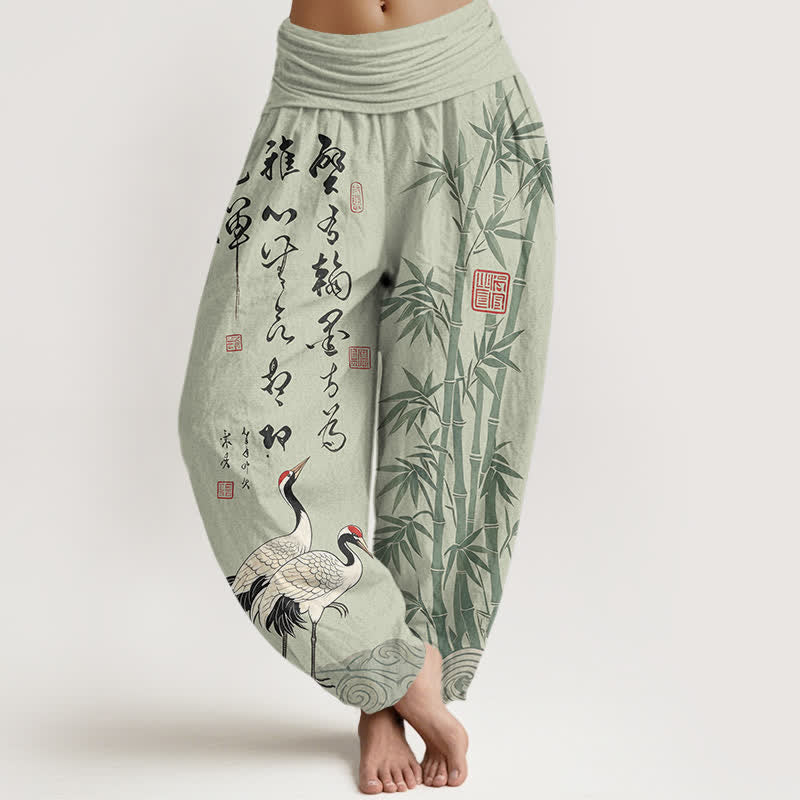 Buddha Stones Cotton Bamboo Calligraphy Crane Pattern Women's Elastic Waist Harem Pants - DarkSeaGreen - US16,UK/AU20,EU48 (3XL) - image 5