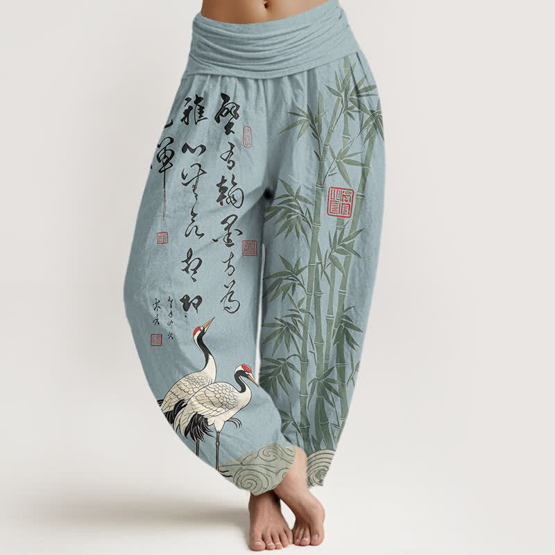 Buddha Stones Cotton Bamboo Calligraphy Crane Pattern Women's Elastic Waist Harem Pants - PowderBlue - US16,UK/AU20,EU48 (3XL) - image 8