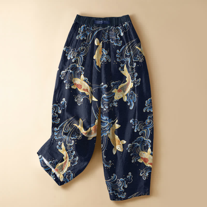 Buddha Stones Pure Cotton Vintage Koi Wave Pattern Frog Button Women's Elastic Waist Harem Pants With Pockets - Navy - US16,UK/AU20,EU48 (3XL) - image 0