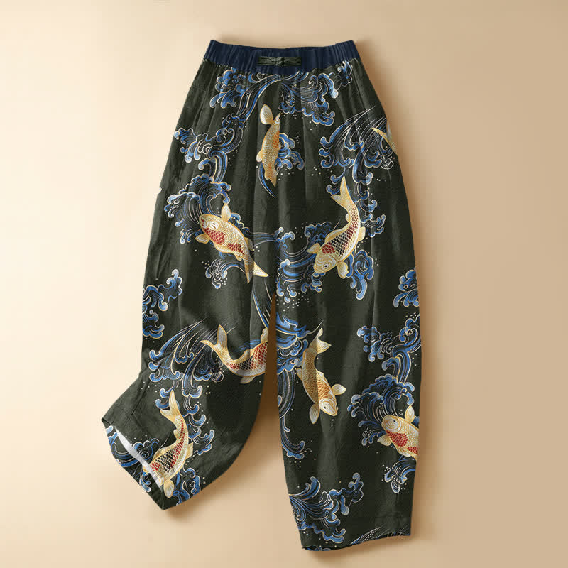 Buddha Stones Pure Cotton Vintage Koi Wave Pattern Frog Button Women's Elastic Waist Harem Pants With Pockets - DarkOliveGreen - US16,UK/AU20,EU48 (3XL) - image 5