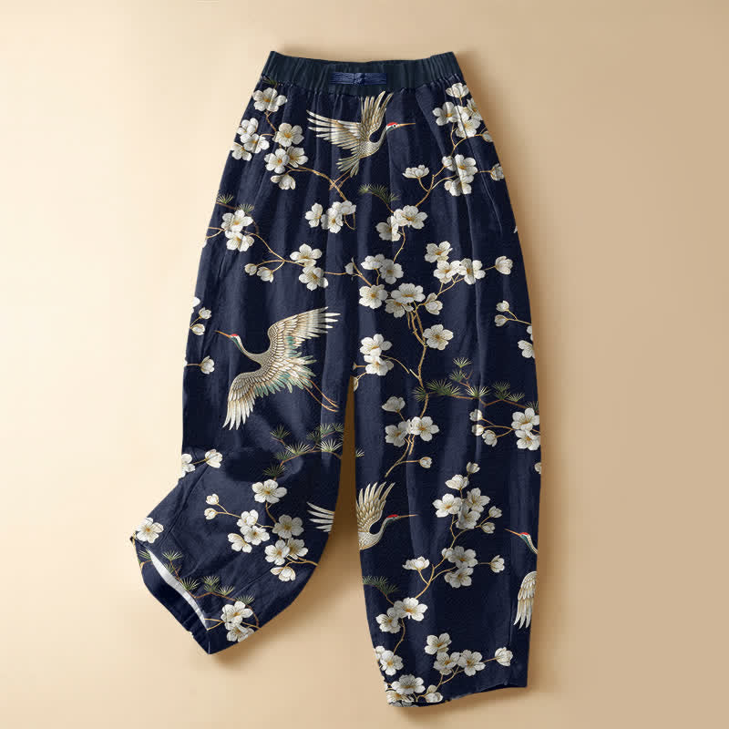 Buddha Stones Pure Cotton Vintage Crane Blossom Pattern Frog Button Women's Elastic Waist Harem Pants With Pockets - Navy - US16,UK/AU20,EU48 (3XL) - image 0